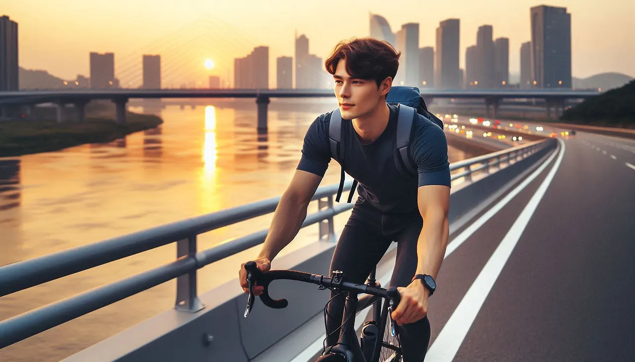 노을이 지는 시간에 한강 주변에서 로드 자전거를 타는 젊은 한국인 남성의 모….jpeg