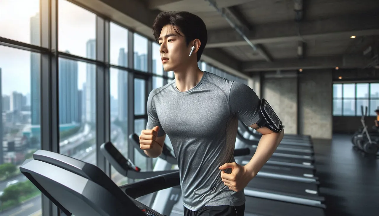 헬스장에서 에어팟 끼고 트레드밀에서 런닝하는 30대 한국인 남성.jpeg