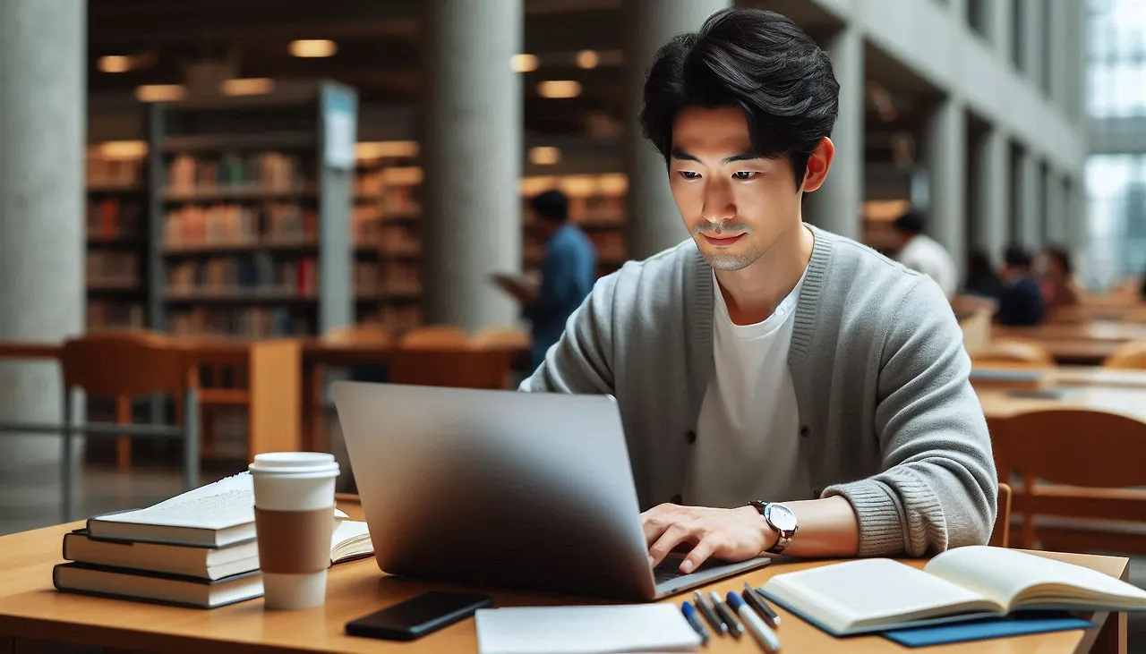 맥북으로 도서관에서 작업하는 짧은 머리의 30대 후반 한국인 남자.jpeg