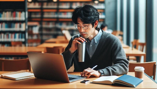 공공도서관에서 텀블러에 커피 마시면서 맥북으로 작업하는 안경 쓴 30대 한국….jpeg