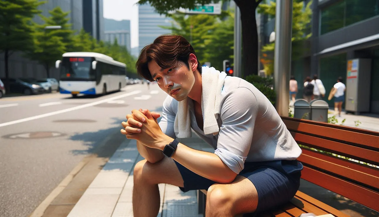 한 여름 낮 시간에 서울에서 더위에 지쳐서 그늘에서 더위를 피해 땀 흘리면서 벤치….jpeg