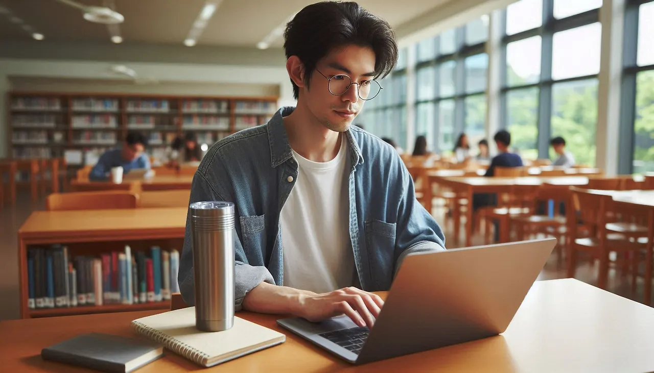 도서관에서 텀블러에 커피 마시면서 맥북으로 작업하는 안경 쓴 30대 한국인 남자.jpeg