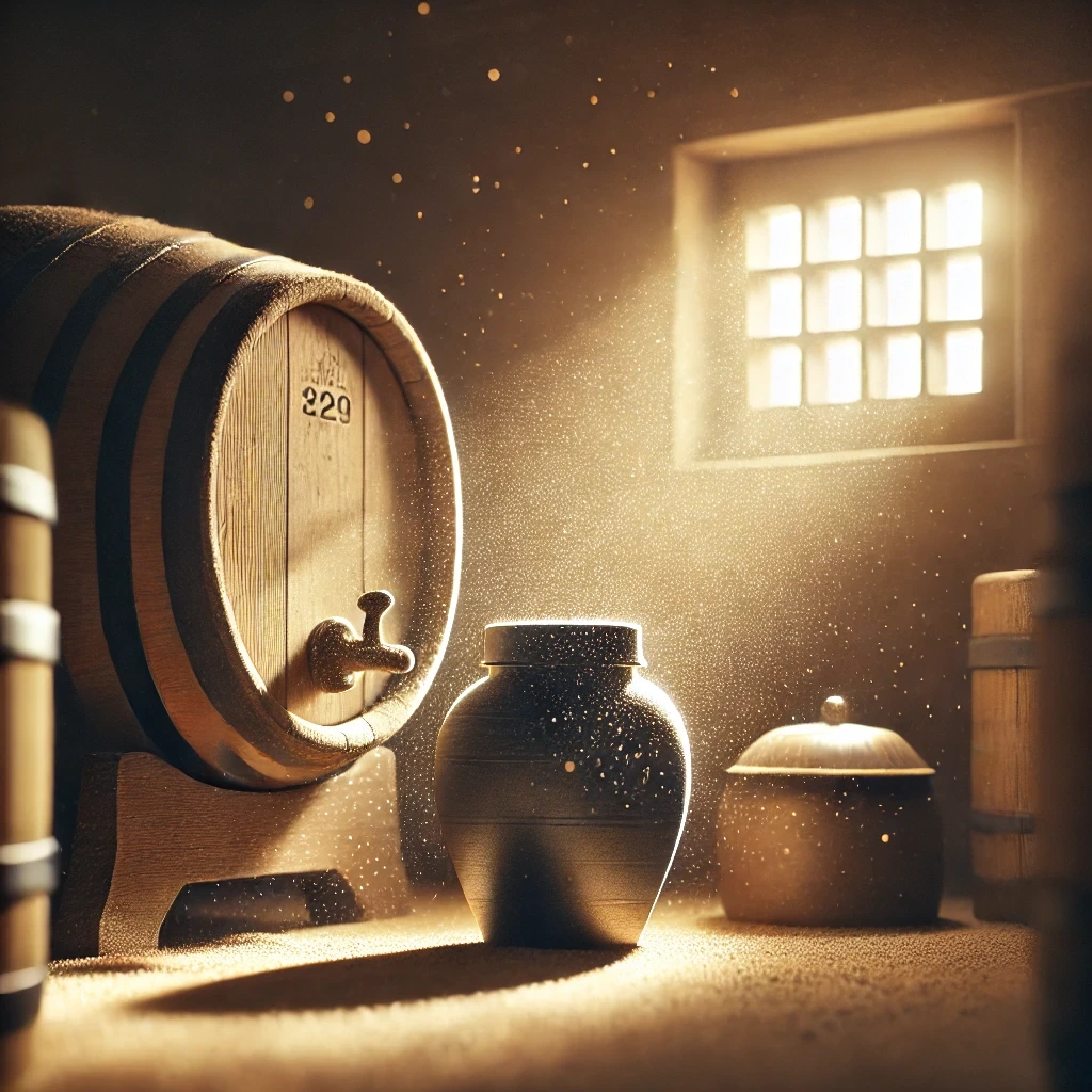 DALL·E 2025-04-12 10.39.39 - A poetic and atmospheric thumbnail image designed for a Korean brunch story about time, fermentation, and patience. The image shows a wooden wine barr.JPG