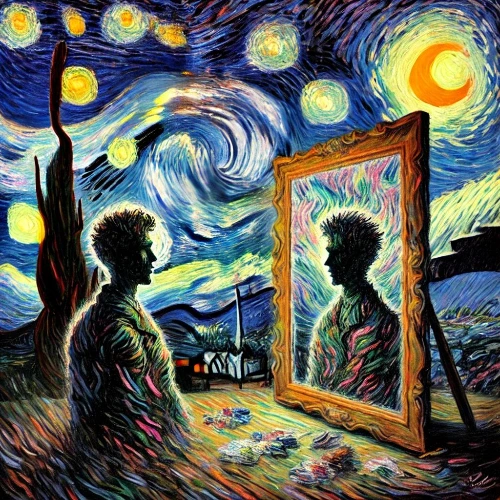 DALL·E 2024-12-15 11.19.05 - A painting in the style of Van Gogh depicting a scene of a person engaging in an imagined conversation. Two figures, both shown as shadowy black sil.jpeg