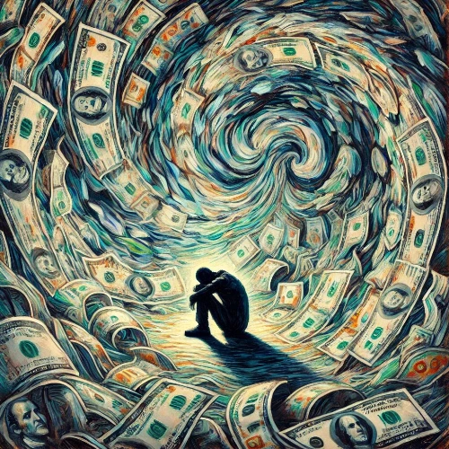 DALL·E 2024-12-15 11.25.33 - A painting in the style of Van Gogh depicting a solitary figure completely surrounded by swirling walls made of money, encircling them tightly. The .jpeg