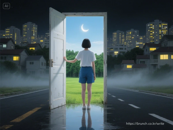 dreamina-2025-07-27-8314-맥시멈 적이고 회색도시적인 한국적 풍경. 청색 반바지와 흰색티를 입은 단....jpeg