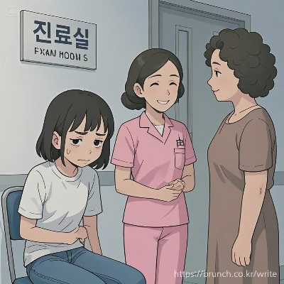dreamina-2025-07-20-7408-따듯한 병원 분위기, 첨부된 이미지의 구도와 인물들을 풍경은 실사, 사람....jpeg
