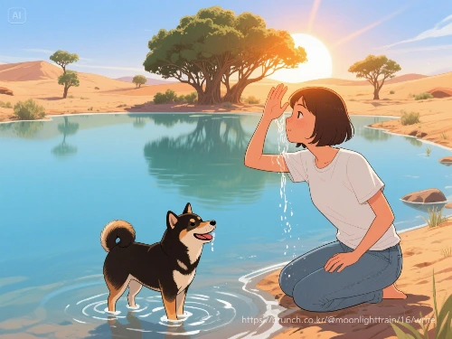 dreamina-2025-07-29-8849-독창적. 타들어가는 태양. 사막. 가운데 큰 호수. 호수 뒤편의 큰 나무....jpeg