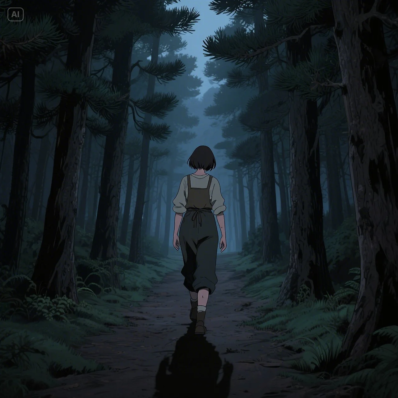 jimeng-2025-06-28-281-녹음이 짙은 소나무 숲길을 걷는 지친 단발머리 여성의 뒷모습. 좌우로 소나무가 서있고, 가운데를 걷는 고개를 숙인 여성(농부복장)이 터벅터벅....jpeg