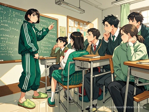 dreamina-2025-08-05-3294-독창적. 강의실. 단발머리 여성 강사. 삼선 슬리퍼, 낡고 펑퍼짐한 녹색....jpeg