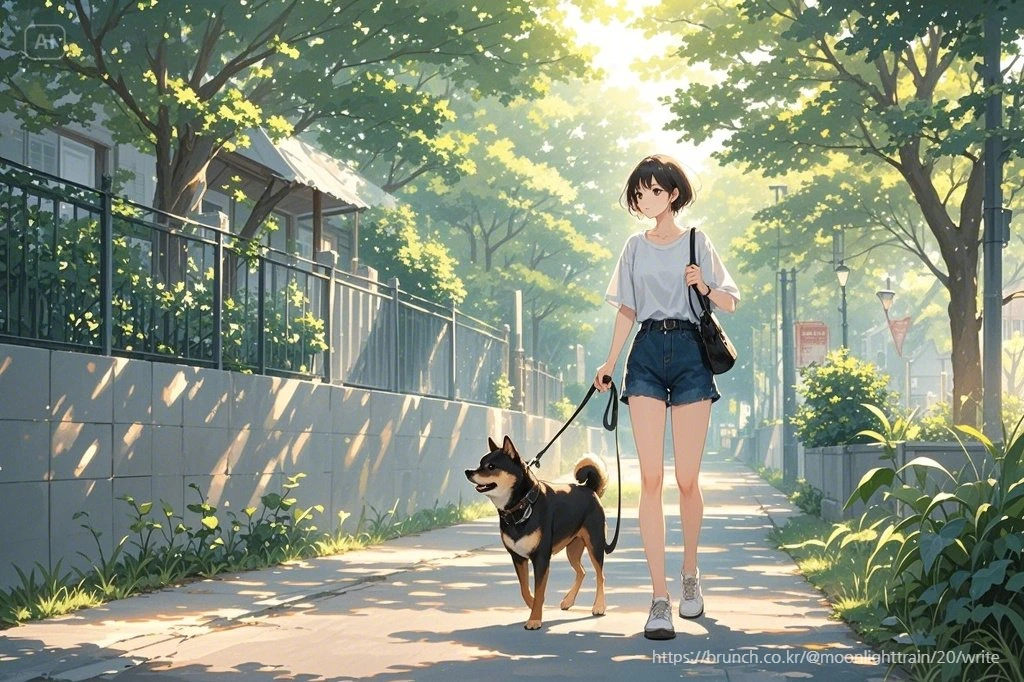dreamina-2025-07-21-9727-더운 여름날 강아지(블랙탄 시바견)와 산책하는 단발머리 여성(로맨스 판타....jpeg