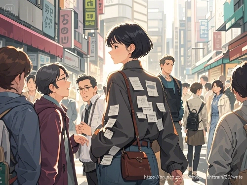 dreamina-2025-08-08-1439-독창적. 도심 한복판. 짧은 커트머리 여성이 길을 걷다가 고개만 뒤를 돌....jpeg