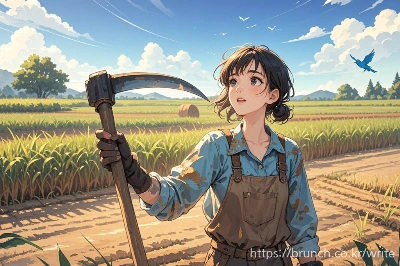 dreamina-2025-07-21-7710-뜨거운 여름 땅만 보고 농사지는 농부. 농부는 단발머리여성이고 옷은 먼지....jpeg