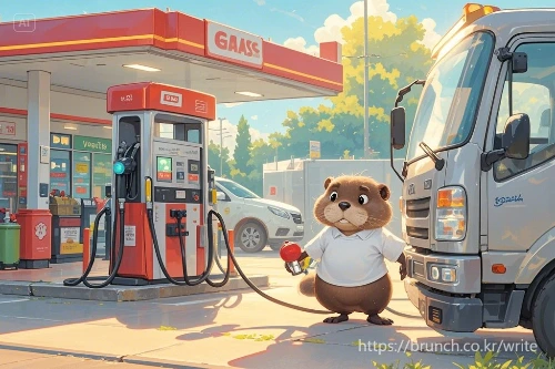 dreamina-2025-07-22-6424-주유소 알바하는 비버(동물). 의인화해서 생성. 주유소에서 트럭이 떠나는....jpeg