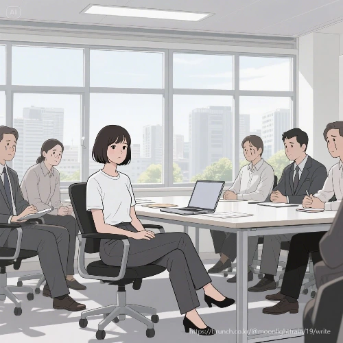 dreamina-2025-07-13-1072-여름의 회색도시가 전면창으로 보이는 회의실, 단발머리 여성이 무표정하게 ....jpeg