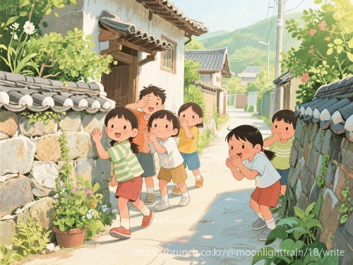 dreamina-2025-07-30-7950-어린 시절. 숨바꼭질하는 아이들. 7살_10살 사이 아이들. 한국의 동네....jpeg