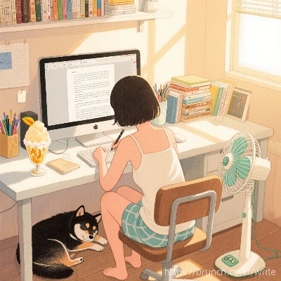 dreamina-2025-07-04-7794-컴퓨터에 글을 쓰는 뒷모습. 모니터에는 에세이가 작업중이다. 책상 옆에는....jpeg