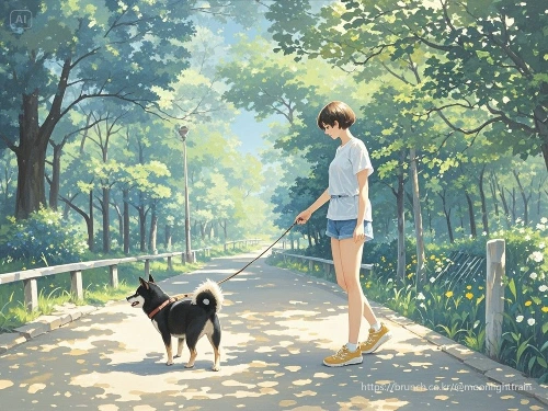 dreamina-2025-08-14-9288-독창적. 한적한 공원. 여름.  짧은 커트머리카락의 여성과 검은색 시바견....jpeg