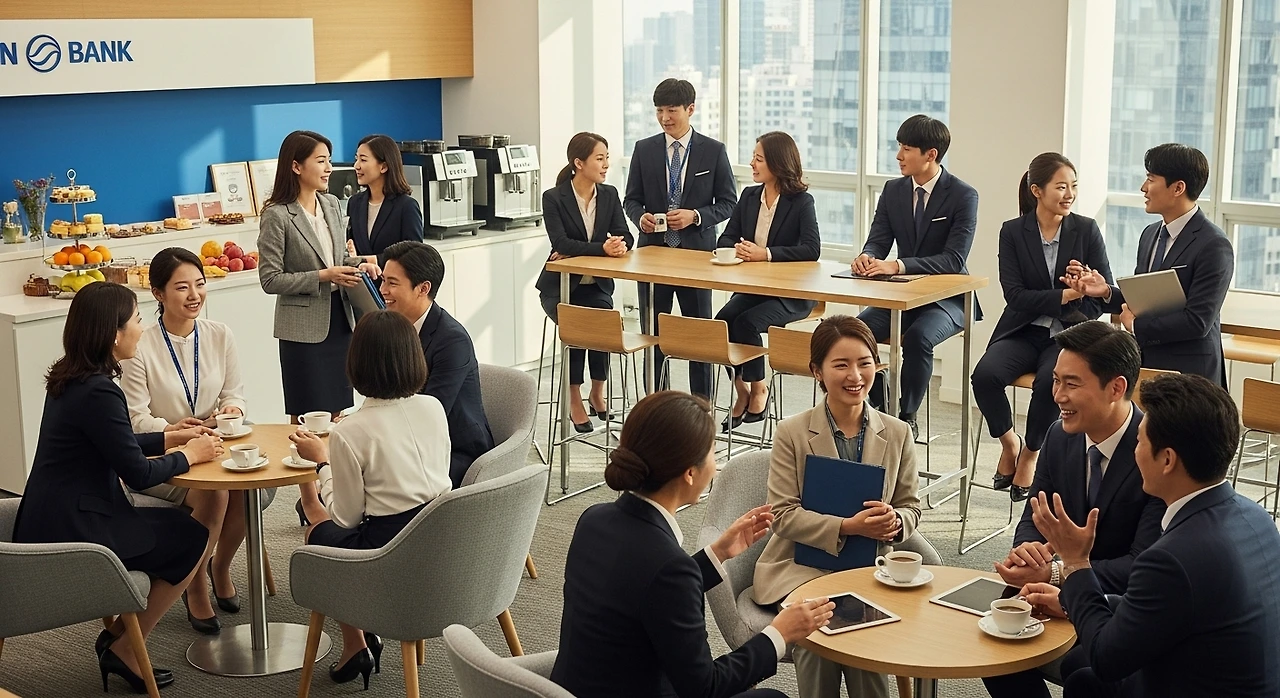 은행직원들과 커피를 마시는 사장님.jpeg