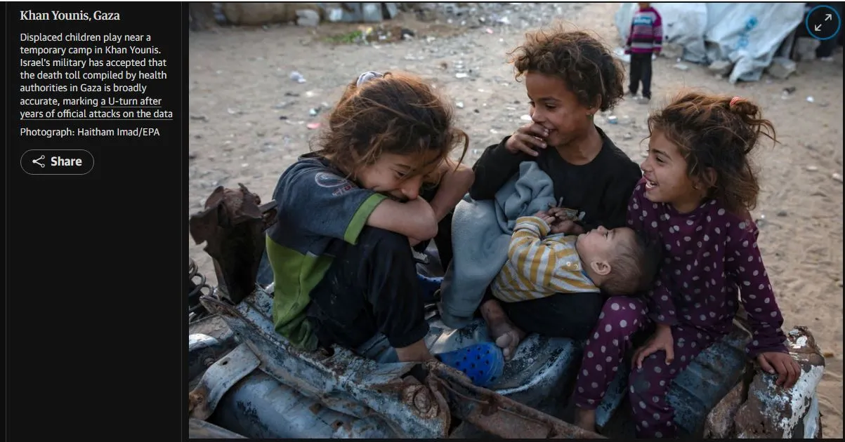 03 02 2026 Khan Younis, Gaza 3001Displaced children play near a temporary camp in Khan Younis. Israel s military has accepted that the death toll compiled by health authorities in Gaza is broadly accurate,.JPG