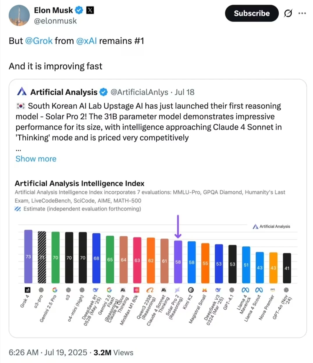 [사진 1] 일론머스크가 Solar Pro2를 언급한 X 메시지 캡쳐.PNG