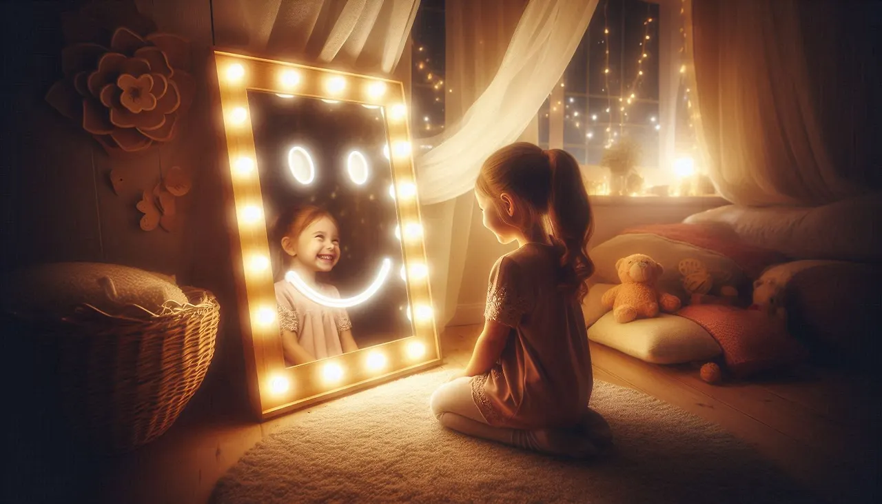 거울 보고 활짝 웃는 어린 여자 아이의 모습을 그려줘. 따뜻한 조명.  거울은 미소다.jpeg