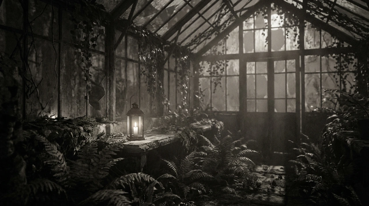 Dark cozy aesthetic, an abandoned Victorian greenhouse.jpeg
