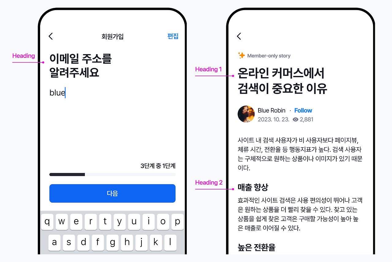 화면에서 가장 먼저 읽어야 하는 정보에 사용한다.