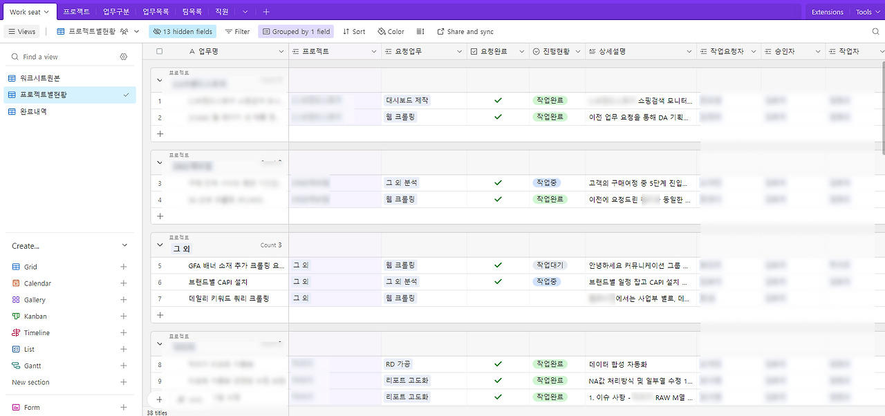 Airtable로 구축 후 사용하던 업무관리도구. 다양한 부서의 업무 관리에 초점을 두었다.