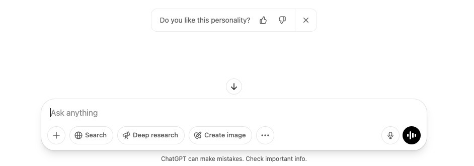 챗GPT의 성격이 마음에 드는지 묻는 피드백. 랜덤으로 뜬다.