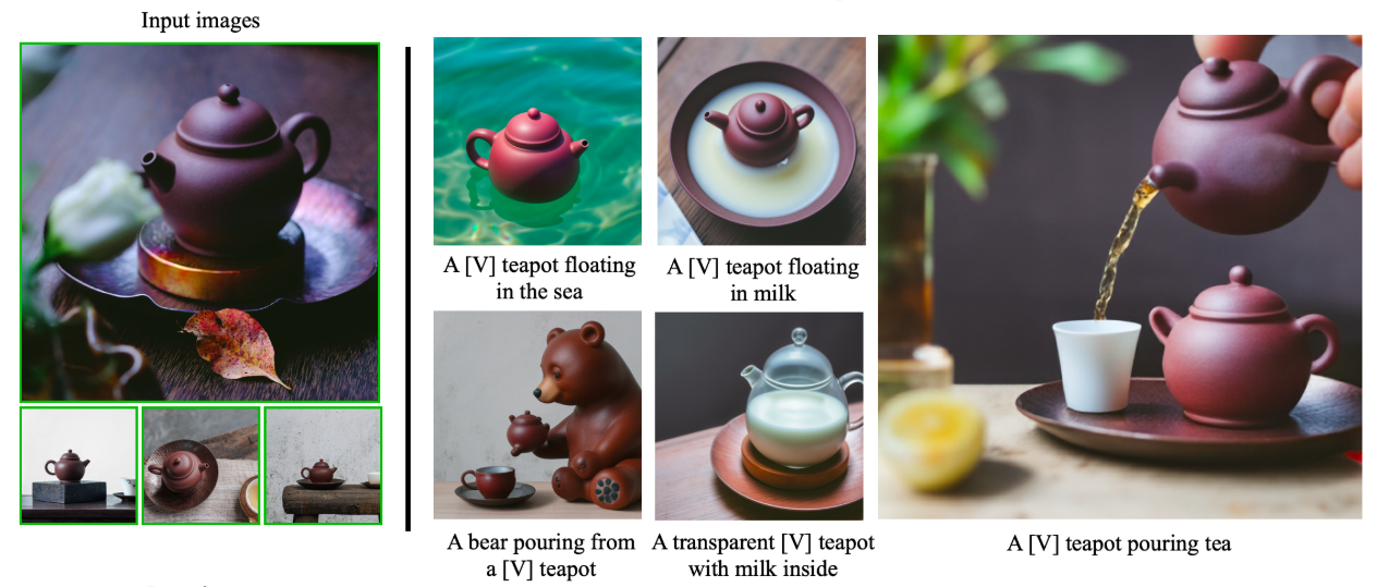 드림부스 기술을 통해, 4장의 사진만으로 다양한 배경이나 조건에 맞춰 주전자를 구현하는 모습. 출처: 구글 리서치