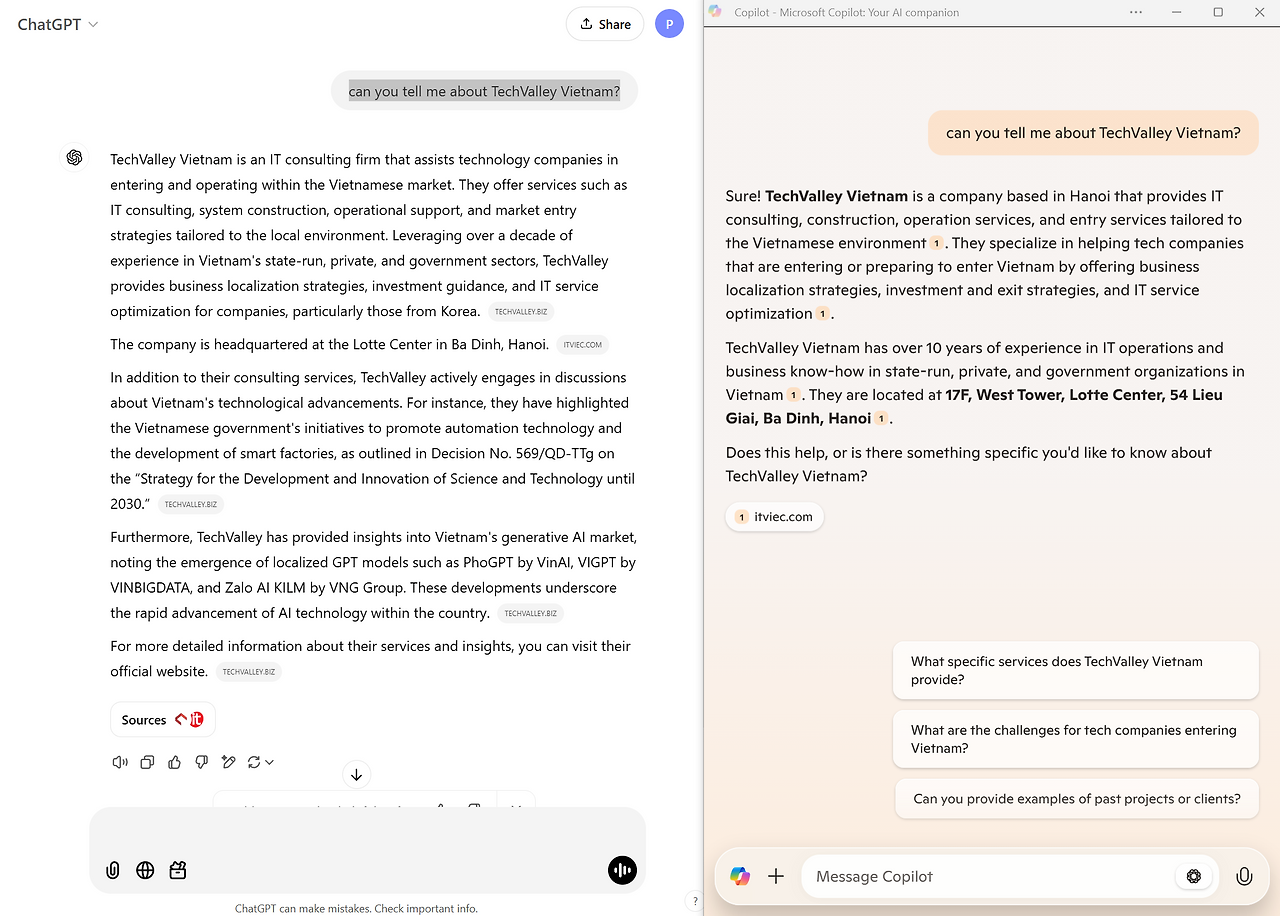 ChatGPT (좌)와 Copilot (우)의 검색 결과 비교 – ChatGPT의 내용이 좀 더 자세하다.