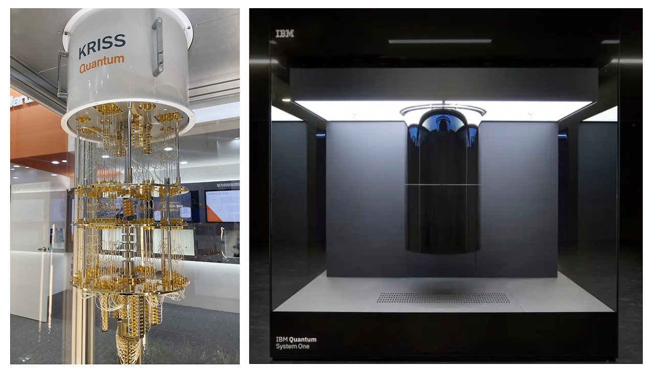 (좌) KRISS에서 개발 중인 50 큐비트 양자컴퓨터 / (우) 연세대에 설치된 IBM 퀀텀 시스템 원