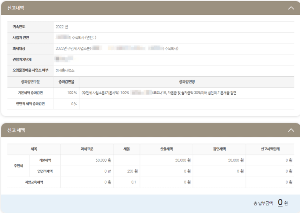 주민세 신고내역과 신고 세액