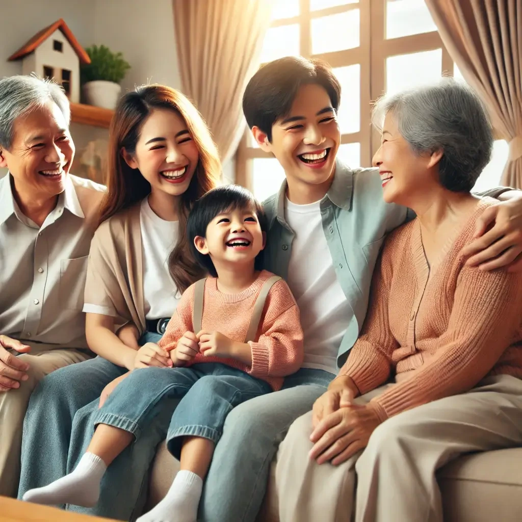 동양인 가족이 거실 소파에 함께 앉아 웃고 있는 모습. 부모와 조부모, 어린 자녀까지 건강한 가족의 행복한 일상을 상징하는 장면