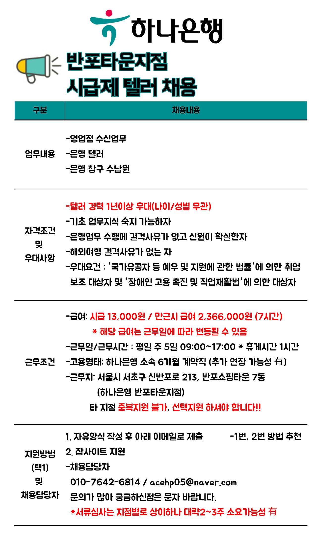 [에이스휴먼파워(주)] [업무수월/은행원] 하나은행 반포타운지점 텔러 채용(D-12) - 사람인