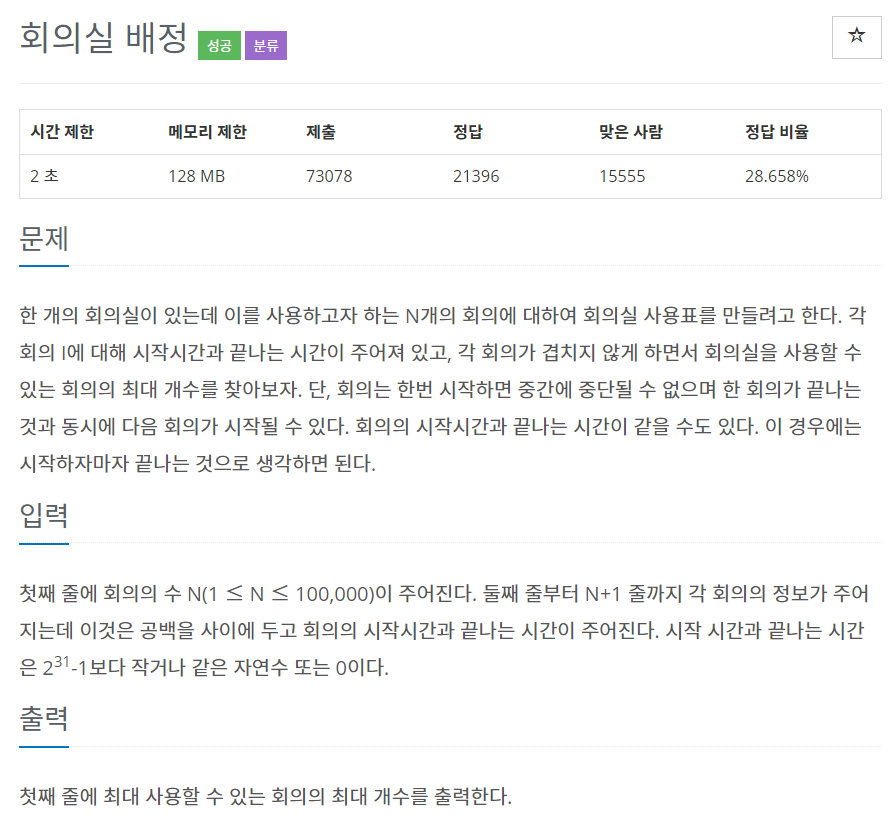 Baekjoon #1931 - 회의실 배정