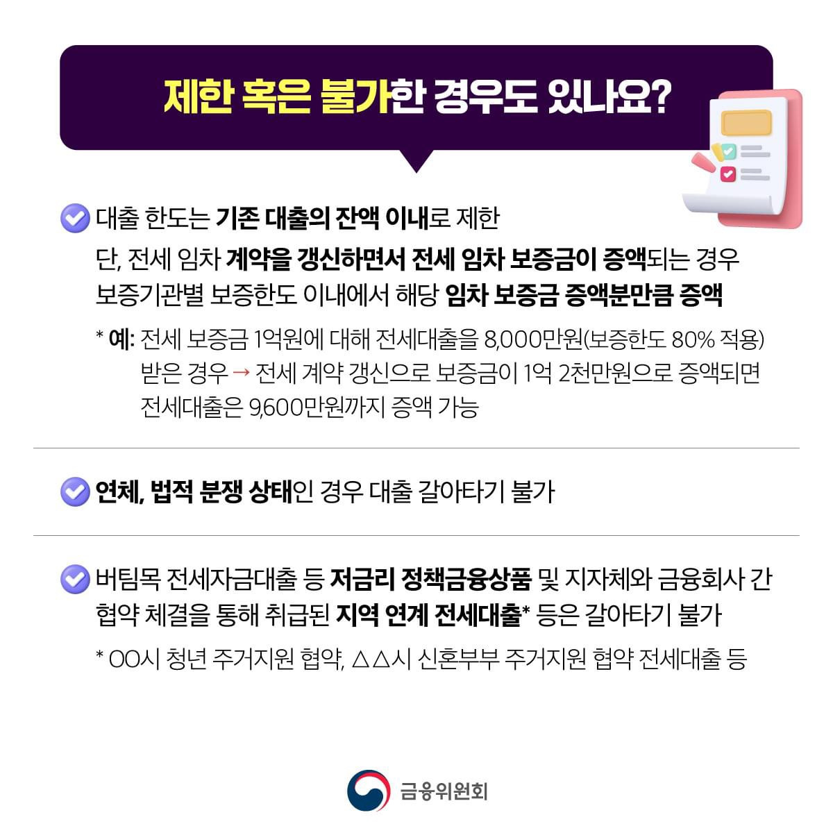 제한 혹은 불가한 경우도 있나요?
1. 대출 한도는 기존 대출의 잔액 이내로 제한
- 단, 전세 임차 계약을 갱신하면서 전세 임차 보증금이 증액되는 경우 보증기관별 보증한도 이내에서 해당 임차 보증금 증액분만큼 증액
예: 전세 보증금 1억원에 대해 전세대출을 8,000만원(보증한도 80% 적용) 받은 경우 전세 계약 갱신으로 보증금이 1억 2천만원으로 증액되면 전세대출은 9,600만원까지 증액 가능하다
2. 연체, 법적분쟁인 경우 대출 갈아타기 불가
3. 버팀목 전세자금대출 등 저금리 정책금융상품 및 지자체와 금융회사 간 협약 체결을 통해 취급된 지역 연계 전세대출 등은 갈아타기 불가
예를 들어, 서울시 청년 주거지원협약, 서울시 신혼부부 주거지원 협약 전세대출 등