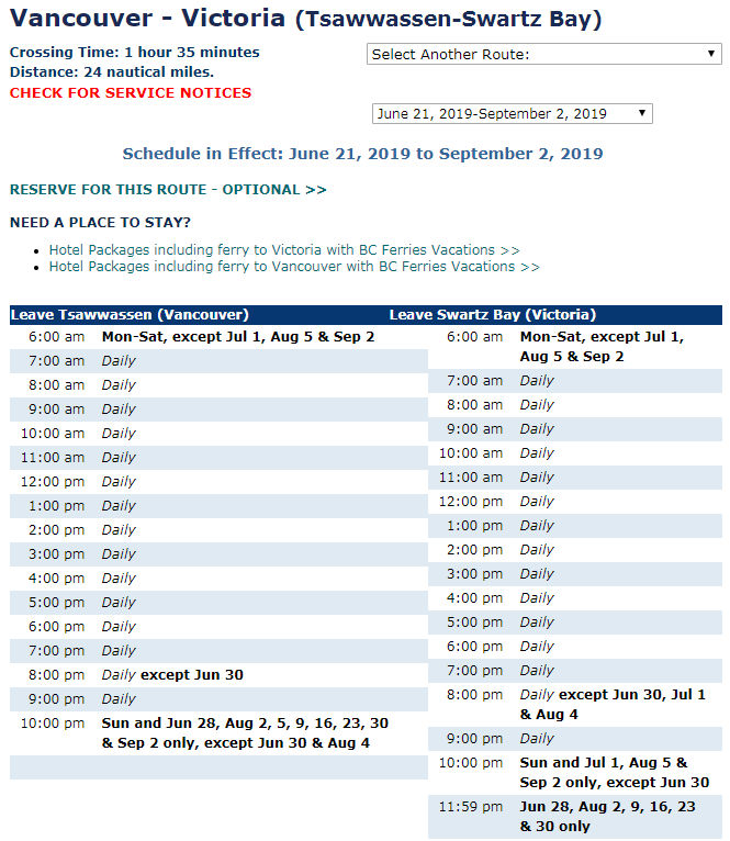 2019년도 밴쿠버 빅토리아 페리 시간표, 2019 Bc Ferries Schedules