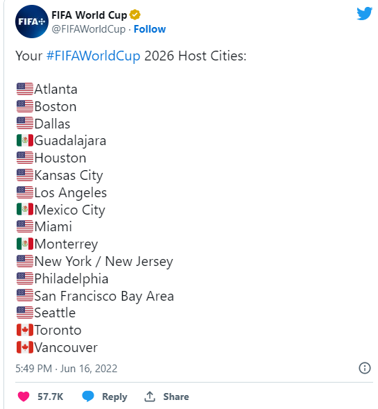 국제축구연맹 FIFA 발표, 2026년 월드컵 개최 3국, 캐나다, 미국, 멕시코 본선 자동진출권 부여.
