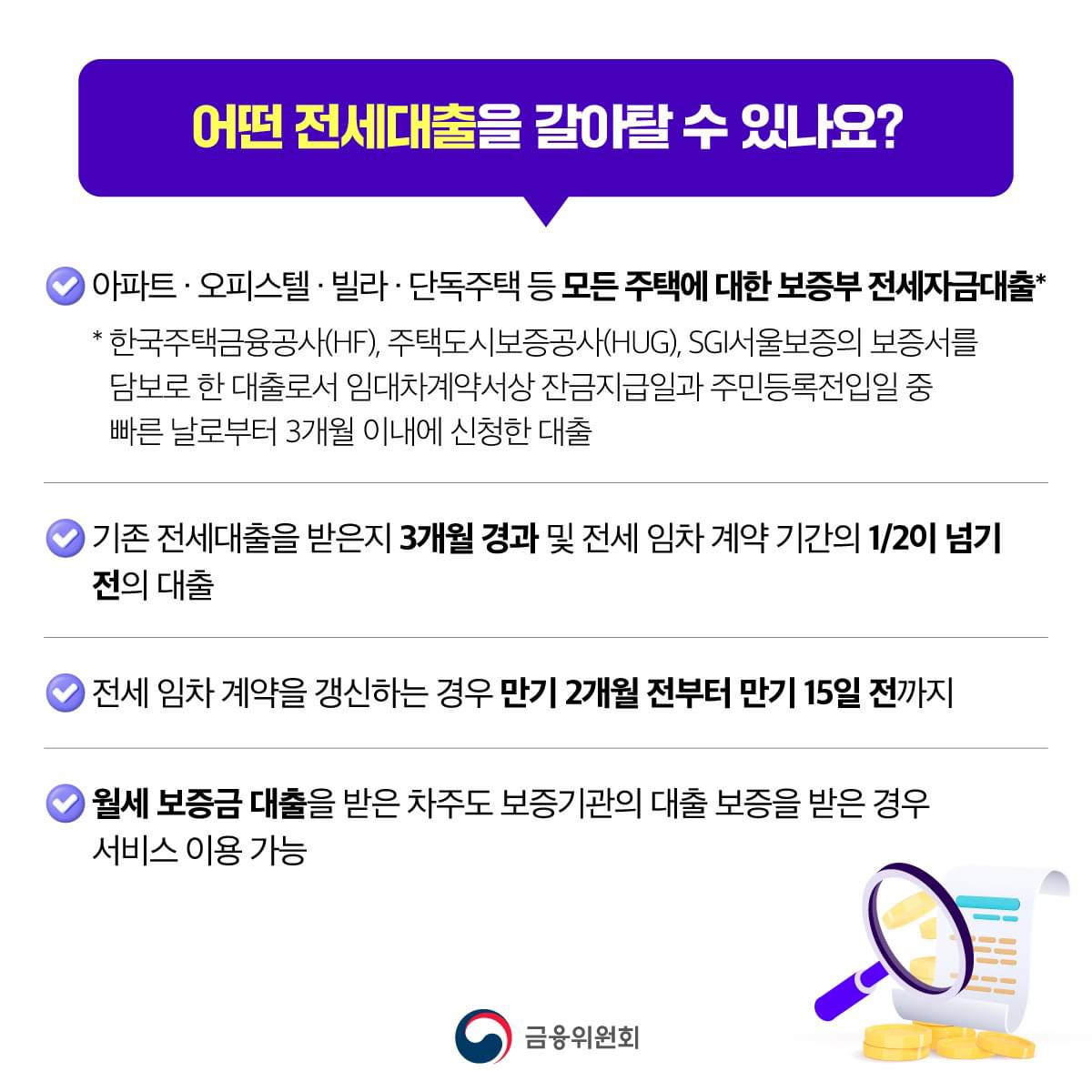 어떤 전세대출을 갈아탈 수 있나요?
1. 아파트·오피스텔·빌라·단독주택 등 모든 주택에 대한 보증부 전세자금대출
- 한국주택금융공사(HF), 주택도시보증공사(HUG), SGI서울보증의 보증서를 담보로 한 대출로서 임대차계약서상 잔금지급일과 주민등록전입일 중 빠른 날로부터 3개월 이내에 신청한 대출
2. 기존 전세대출을 받은지 3개월 경과 및 전세 임차 계약 기간의 1/2이 넘기전의 대출
3. 전세 임차 계약을 갱신하는 경우 만기 2개월 전부터 만기 15일 전까지
4. 월세 보증금 대출을 받은 차주도 보증기관의 대출 보증을 받은 경우 서비스 이용 가능
