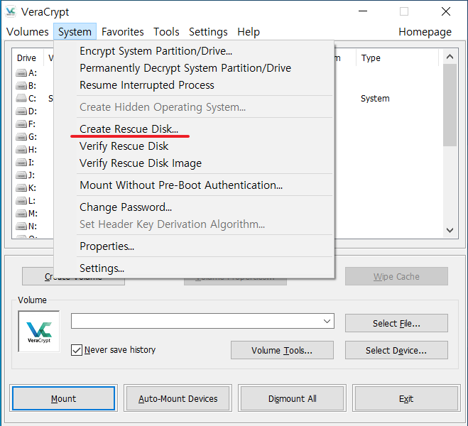 VeraCrypt Resue Disk 만들기