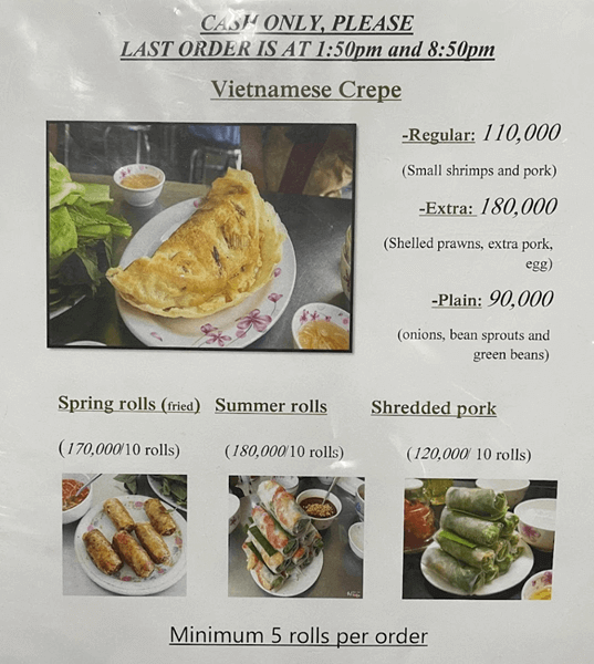 호치민 맛집 반쎄오 46A 메뉴