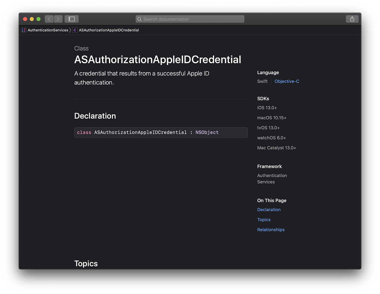 Apple 공식문서의 ASAuthorizationAppleIDCredential