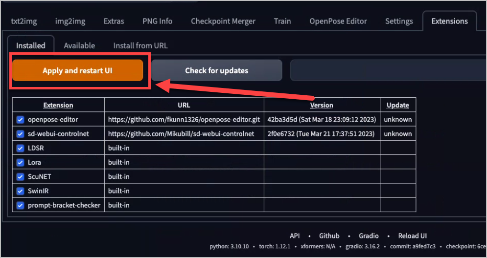 Stable Diffusion 컨트롤넷 (ControlNet) 다운로드 및 설치 방법 6 apply and restart ui controlnet