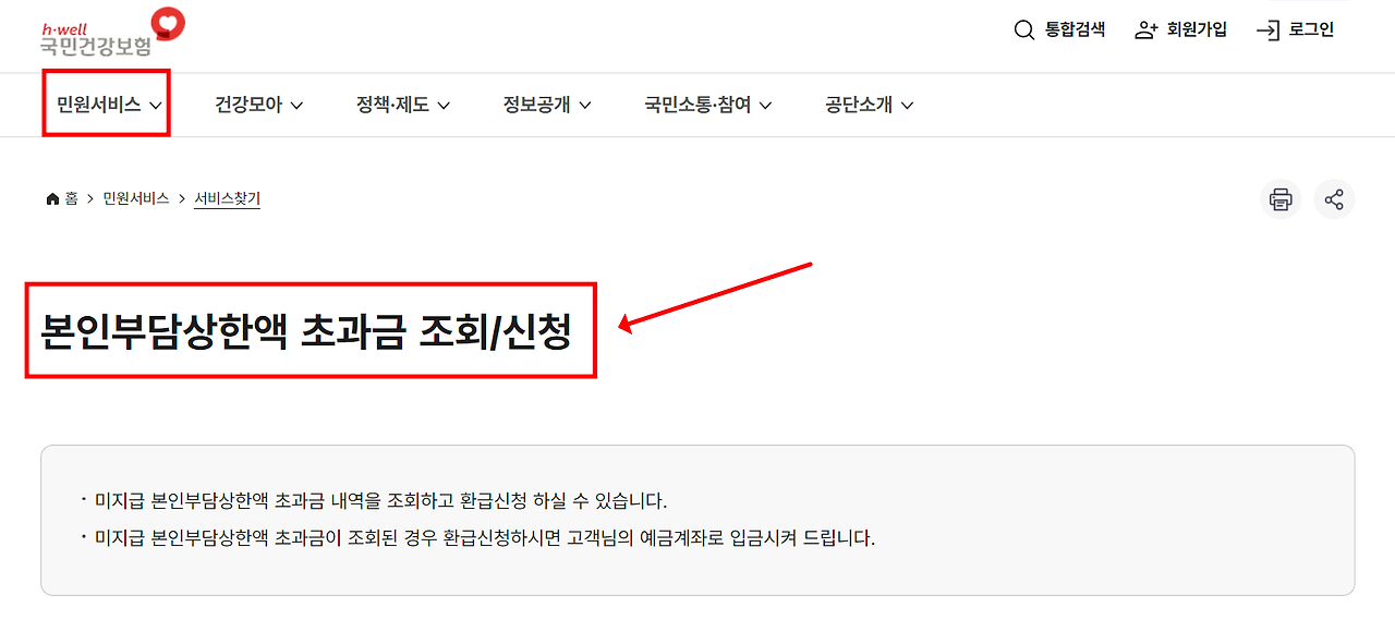 의료비 본인부담상한액 초과금 조회 방법, 초과금 지급시기