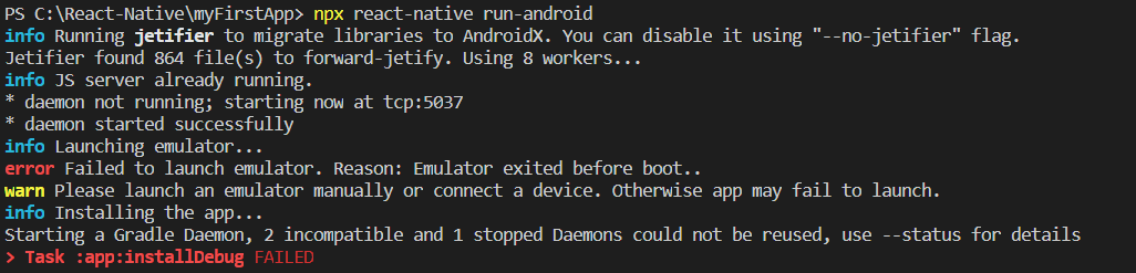 [오류] error Failed to launch emulator. Reason: Emulator exited before ...