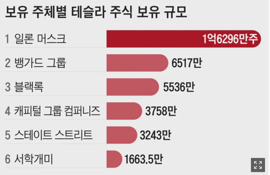일론 머스크 트위터 인수 포기, 뭔가가 수상한 머스크 3 테슬라의 6대주주, 1위 일론 머스크 부터 6위는 서학개미로 나온 통계그래프