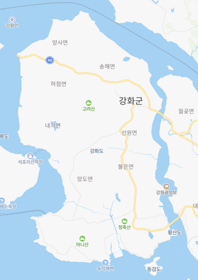 고려 대몽항쟁기 강화 천도 당시의 강화도와 지금 강화도 지도