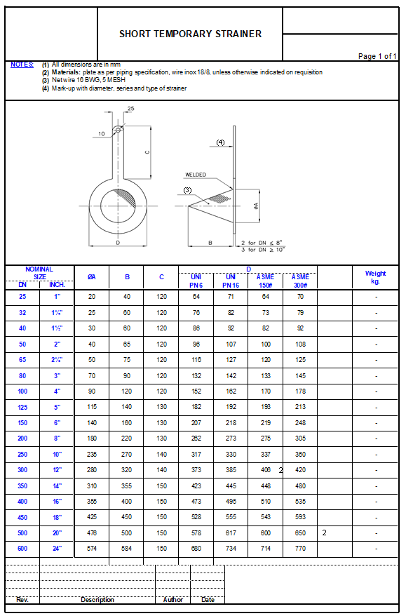 Temporary strainer 규격표